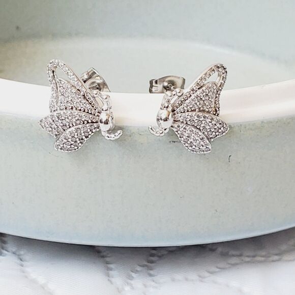 TGI 925 Butterfly Stud Earring Cubic Zirconia CZ Silver Dainty Minimalist - Picture 9 of 11